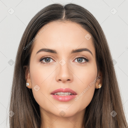 Neutral white young-adult female with long  brown hair and brown eyes