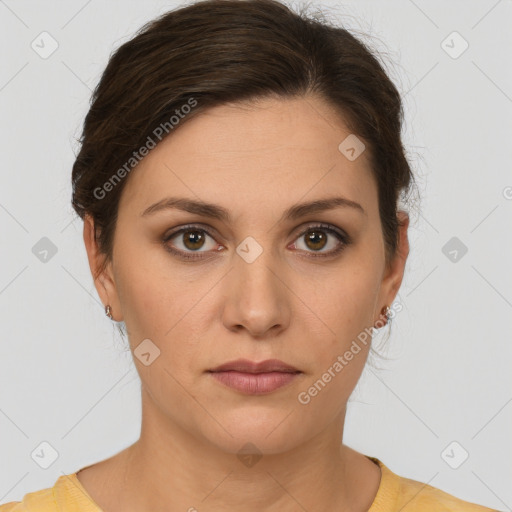 Neutral white young-adult female with short  brown hair and brown eyes