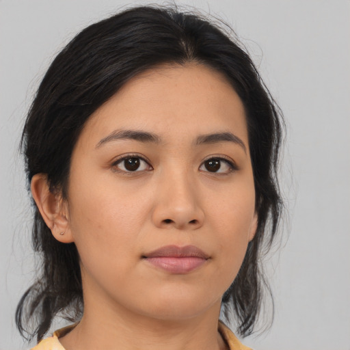 Neutral asian young-adult female with medium  black hair and brown eyes