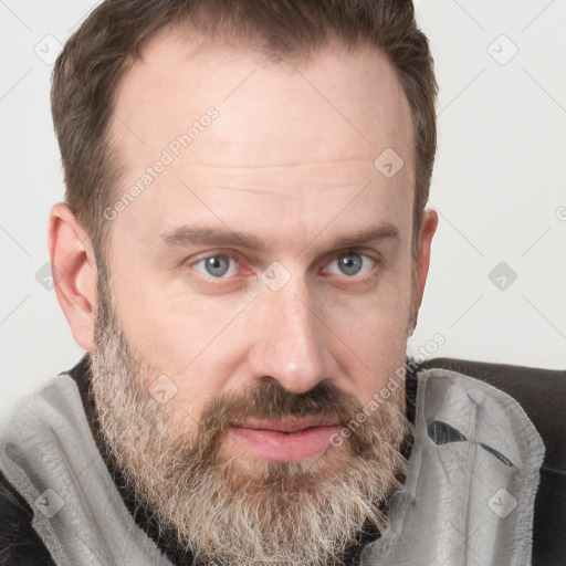 Joyful white adult male with short  brown hair and grey eyes