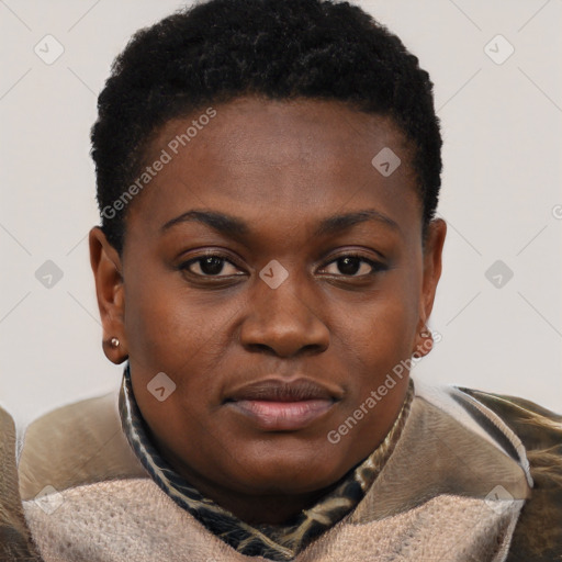 Joyful black young-adult female with short  brown hair and brown eyes