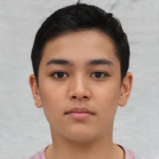 Neutral asian child male with short  black hair and brown eyes