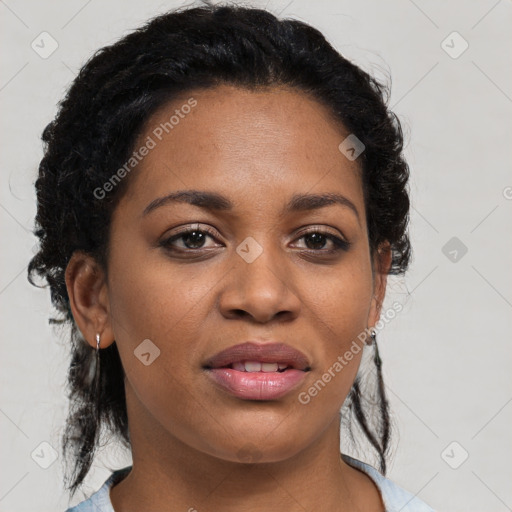 Joyful latino young-adult female with medium  black hair and brown eyes