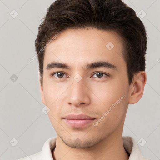 Neutral white young-adult male with short  brown hair and brown eyes