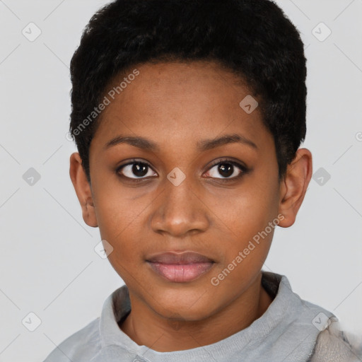 Neutral black young-adult female with short  black hair and brown eyes