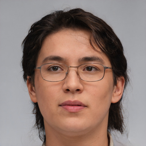 Neutral white adult female with medium  brown hair and brown eyes