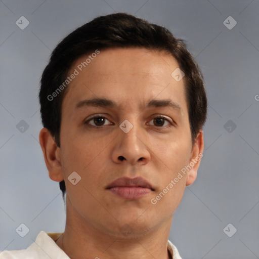 Neutral white adult male with short  brown hair and brown eyes