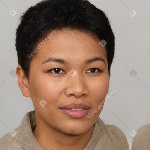 Joyful asian young-adult female with short  brown hair and brown eyes