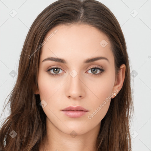 Neutral white young-adult female with long  brown hair and brown eyes