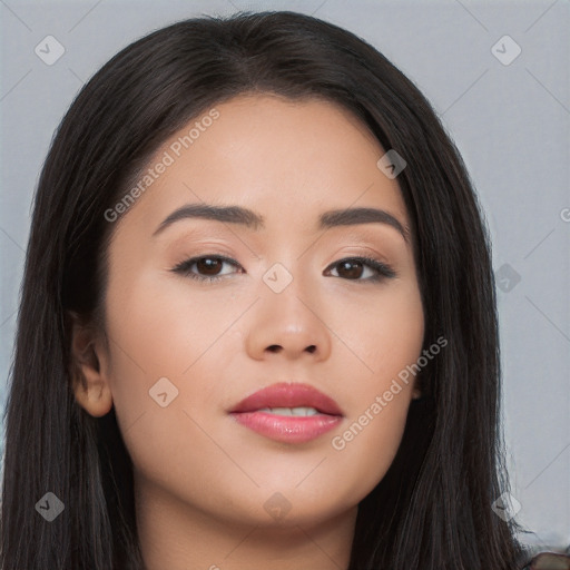 Neutral asian young-adult female with long  brown hair and brown eyes