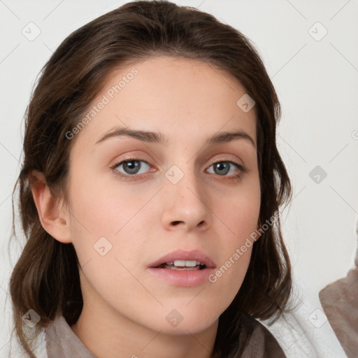 Neutral white young-adult female with medium  brown hair and brown eyes