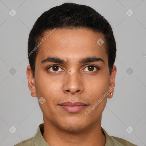 Neutral latino young-adult male with short  brown hair and brown eyes