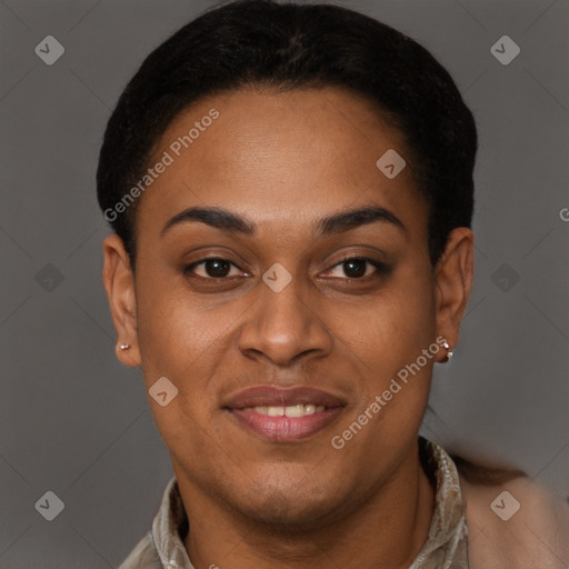 Joyful black young-adult female with short  brown hair and brown eyes