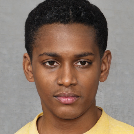 Neutral black young-adult male with short  black hair and brown eyes