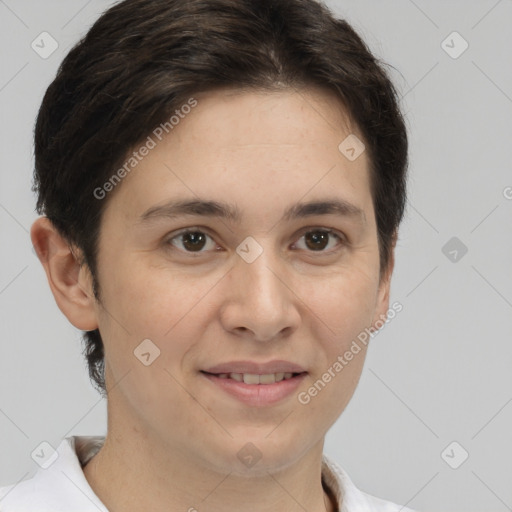 Joyful white adult female with short  brown hair and brown eyes