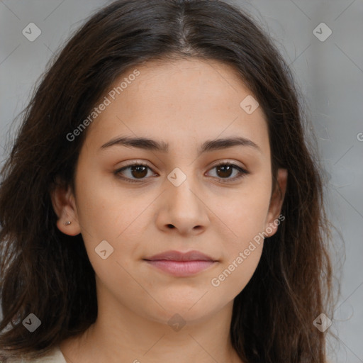 Neutral white young-adult female with long  brown hair and brown eyes