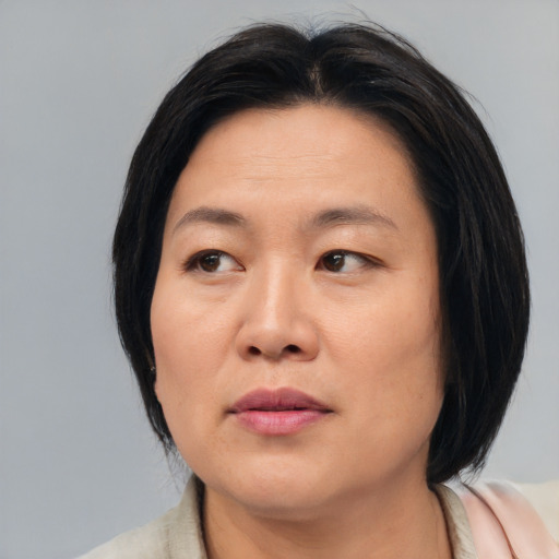 Neutral asian adult female with medium  black hair and brown eyes