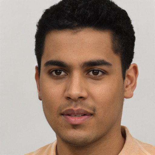 Neutral latino young-adult male with short  black hair and brown eyes