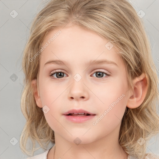 Neutral white child female with medium  brown hair and grey eyes