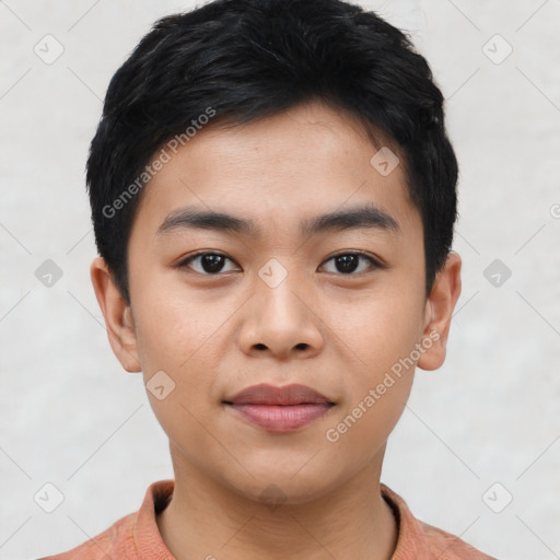 Neutral asian young-adult male with short  black hair and brown eyes