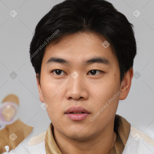 Neutral asian young-adult male with short  black hair and brown eyes