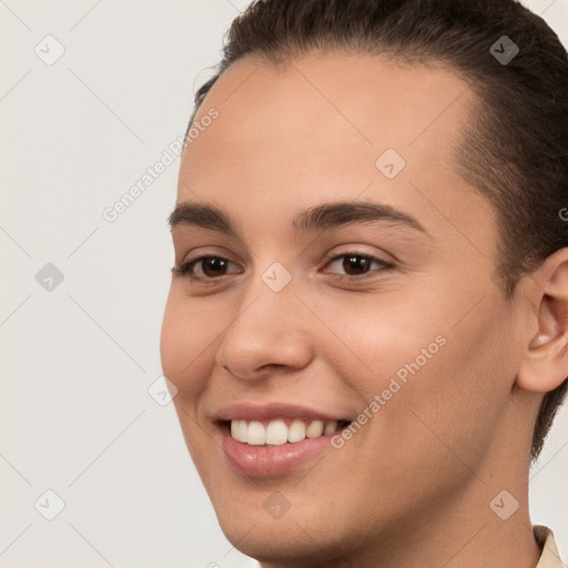 Joyful white young-adult female with short  brown hair and brown eyes