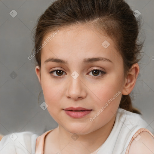 Joyful white child female with medium  brown hair and brown eyes