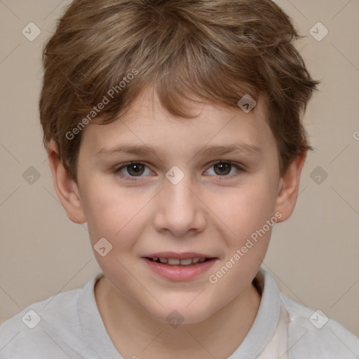 Joyful white child female with short  brown hair and brown eyes