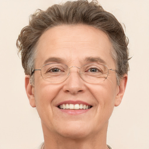 Joyful white middle-aged male with short  brown hair and brown eyes