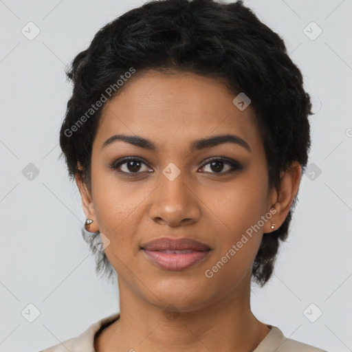 Joyful latino young-adult female with short  black hair and brown eyes