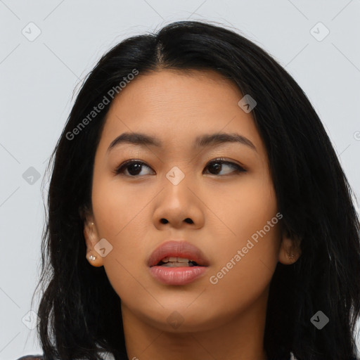 Neutral asian young-adult female with long  black hair and brown eyes