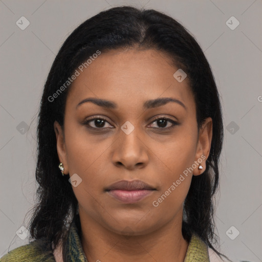 Joyful black young-adult female with medium  black hair and brown eyes