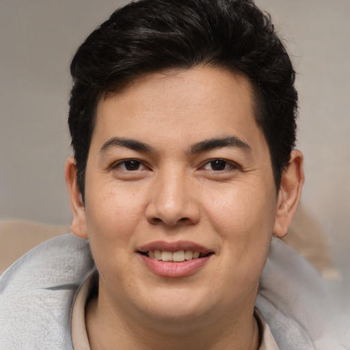 Joyful asian young-adult female with short  brown hair and brown eyes