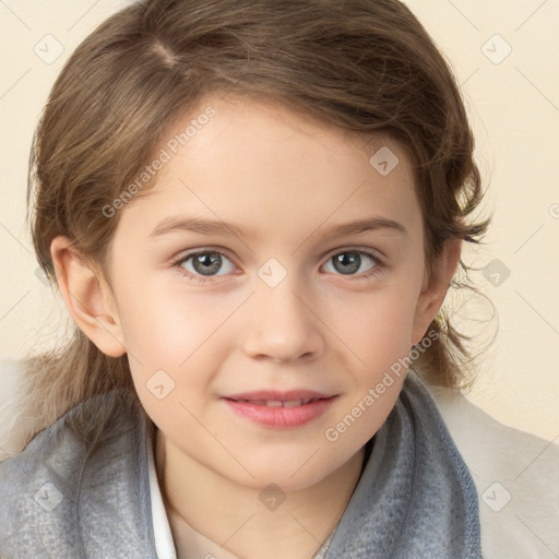 Joyful white child female with medium  brown hair and brown eyes