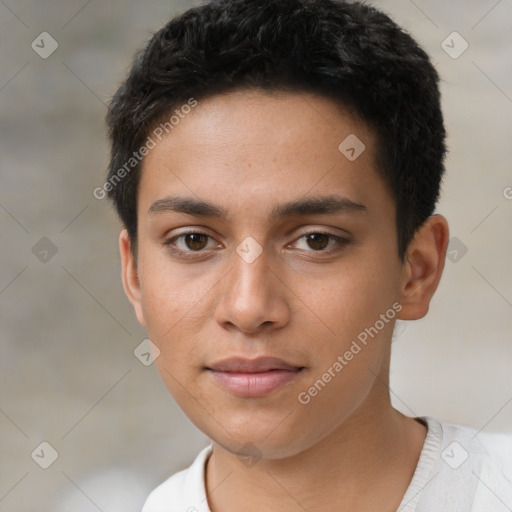 Neutral latino young-adult male with short  brown hair and brown eyes