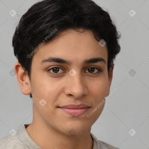 Joyful latino young-adult female with short  brown hair and brown eyes