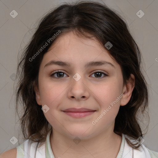 Joyful white child female with medium  brown hair and brown eyes