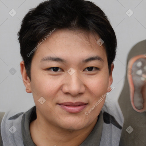 Joyful asian young-adult female with short  brown hair and brown eyes