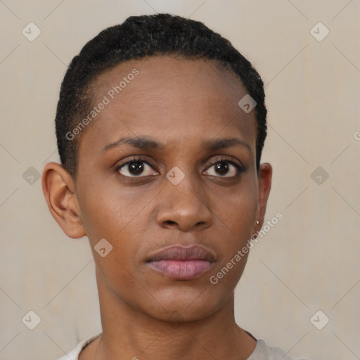 Neutral black young-adult female with short  brown hair and brown eyes