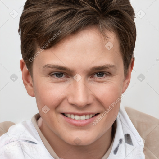 Joyful white young-adult female with short  brown hair and grey eyes