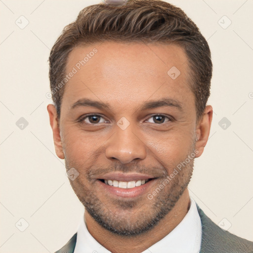 Joyful white young-adult male with short  brown hair and brown eyes