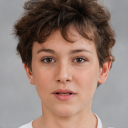 Neutral white young-adult female with short  brown hair and brown eyes