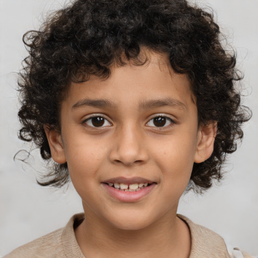 Joyful white child female with short  brown hair and brown eyes