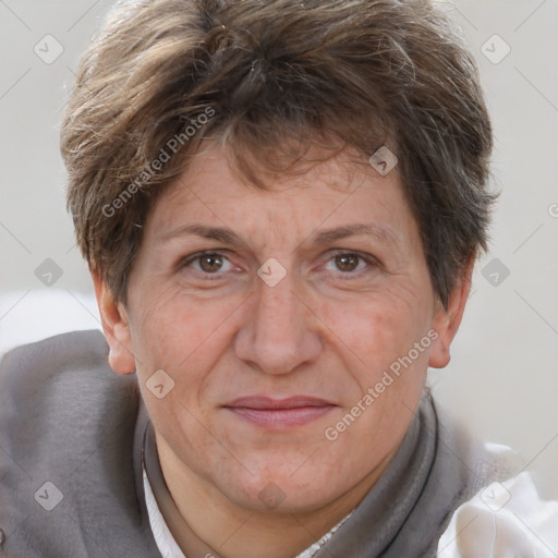 Joyful white adult female with short  brown hair and brown eyes