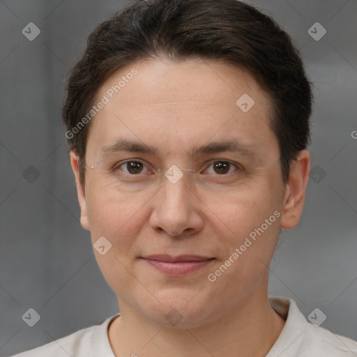 Joyful white adult female with short  brown hair and brown eyes