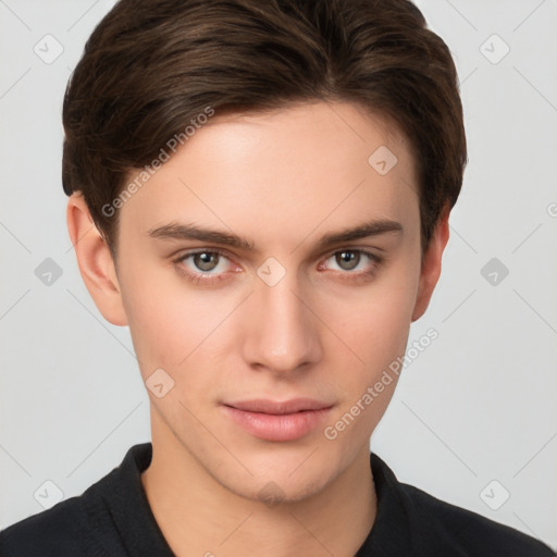 Neutral white young-adult male with short  brown hair and brown eyes