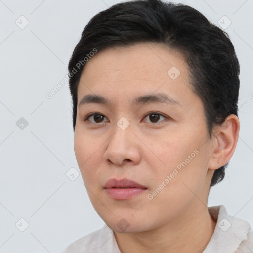 Neutral asian young-adult male with short  black hair and brown eyes