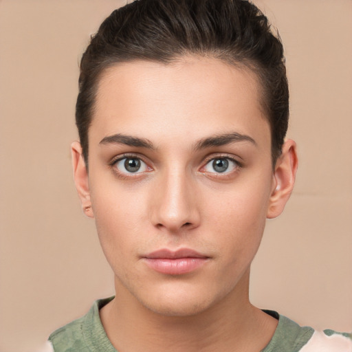 Neutral white young-adult female with short  brown hair and brown eyes