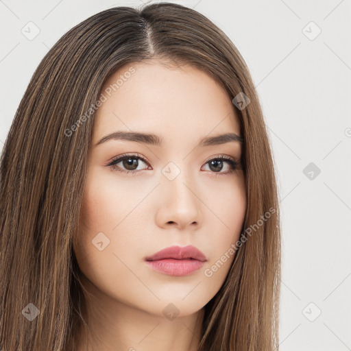 Neutral white young-adult female with long  brown hair and brown eyes