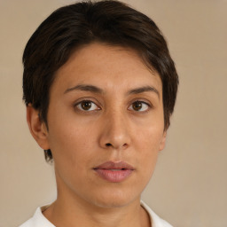 Neutral asian young-adult female with short  brown hair and brown eyes